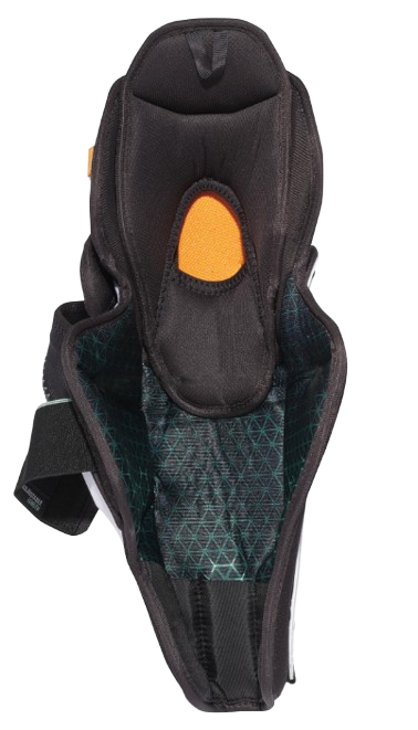 A photo of the 2024 CCM JetSpeed FTW Senior Women's Hockey Shin Guards in colour black, orange and green. Rear view.