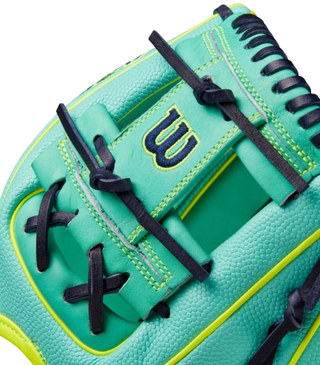 A photo of the Wilson Fall 2024 A2000 DP15SS 11.5” Infield Glove in colour green and yellow. Logo view.