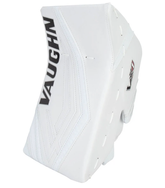 A photo of the Vaughn Velocity VX1 Pro Carbon Senior Goalie Blocker in colour white. Angled view.