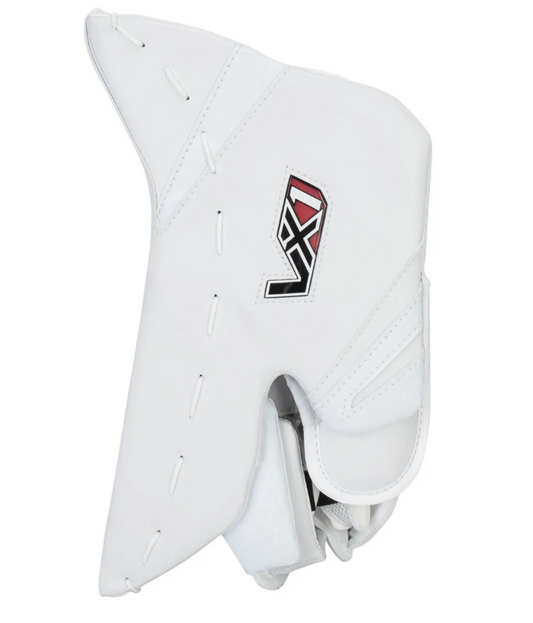 A photo of the Vaughn Velocity VX1 Pro Carbon Senior Goalie Blocker in colour white. Side view.