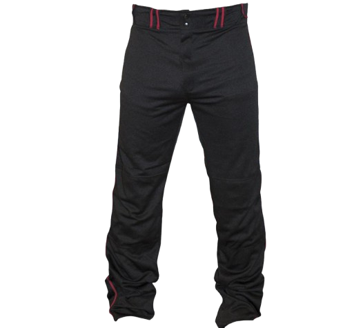 A photo of the Louisville Slugger Men's Stock Pant with Pipping in black and red. Front view.