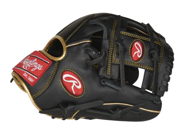 A photo of the Rawlings R9 Series 11.5" 200-Pattern Infield Glove in colour black and gold. Side view.