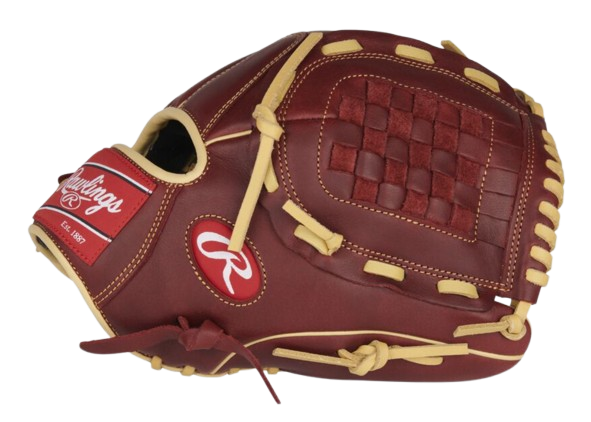 A photo of the Rawlings Sandlot 12" Baseball Glove in colour red and beige. Side view.