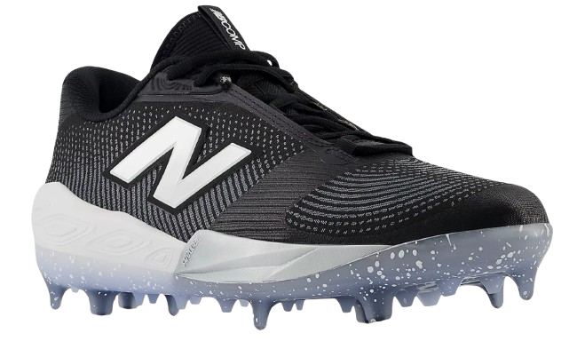 A photo of the New Balance FuelCell Compv4 Baseball Cleats in colour black and white. Side view.