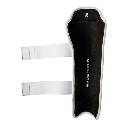 A photo of the Evoshield Slo-pitch Leg Guards in colour white. Rear pad view with black interior and white straps.