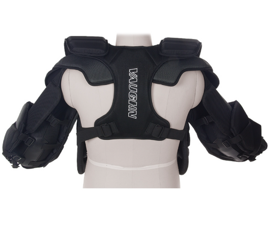 A photo of the Vaughn VX1 Pro Senior Goalie Chest Protector in colours black, white and red. Back of the pads.