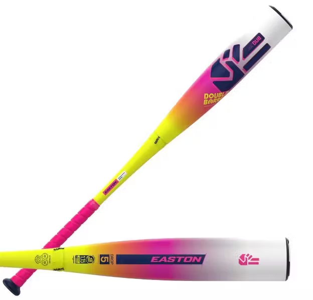 A photo of the 2026 Easton Dub (-5) USSSA Baseball Bat in colour pink, white, and yellow.