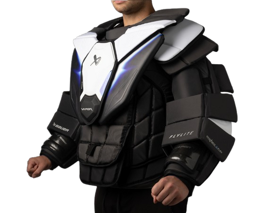 A photo of the Bauer Vapor Flylite Senior Chest Protector (2025) in colour white, blue, and black. Side of the pads.
