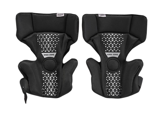A photo of the CCM F5 Senior Goalie Knee Guards in colour black and white.
