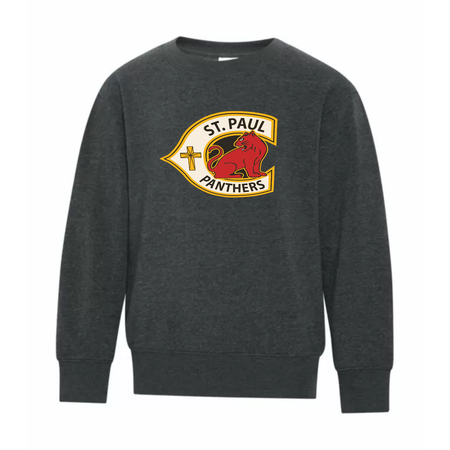 A photo of the St. Paul Catholic Elementary School Panthers - Youth Crewneck Sweatshirt in colour grey.