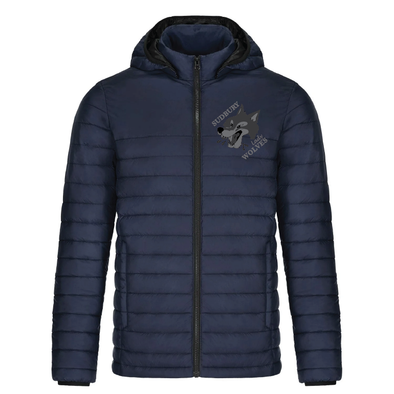 A photo of the Sudbury Lady Wolves - Women's Puffer Jacket in colour navy, with grey Lady Wolves logo.