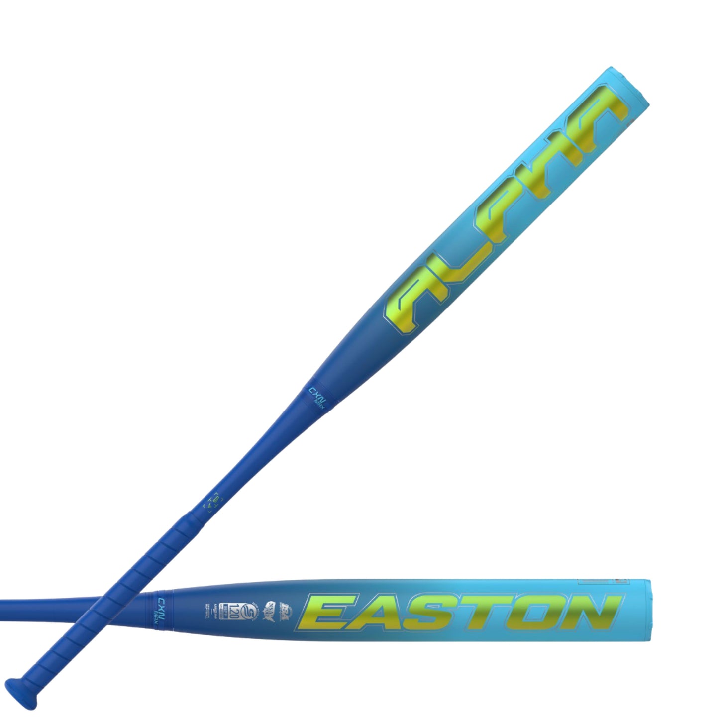 A photo of the The Easton Alpha 232 Loaded 12.5" 2-Piece Slo-pitch Bat in colour blue, teal and gold.