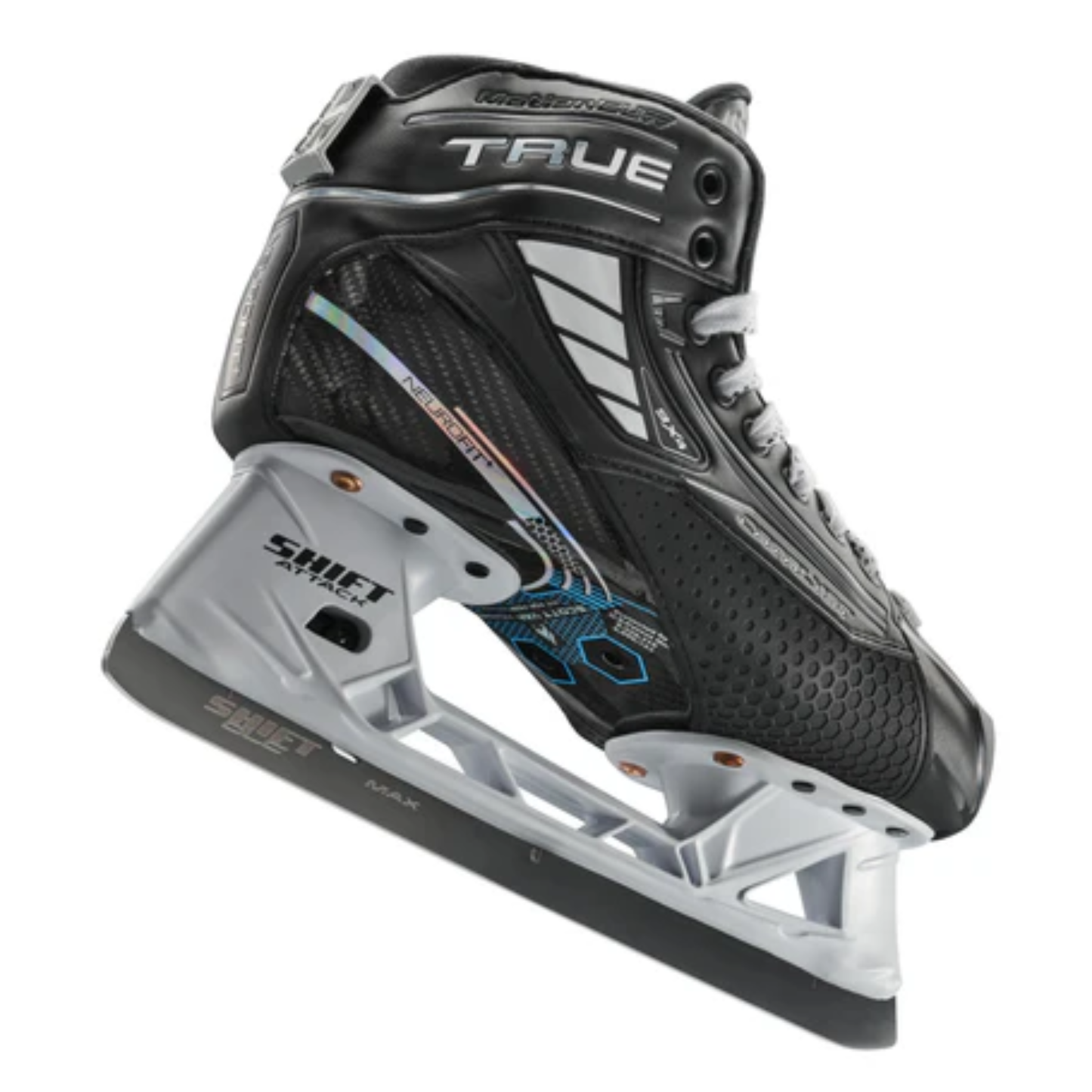 A photo of the True Catalyst 9X4 senior goalie skate in black and white with carbon composite boot, reinforced protection features, NeuRPT+ performance construction, and SHIFT Attack holder with stainless steel blade for high-level goaltending.