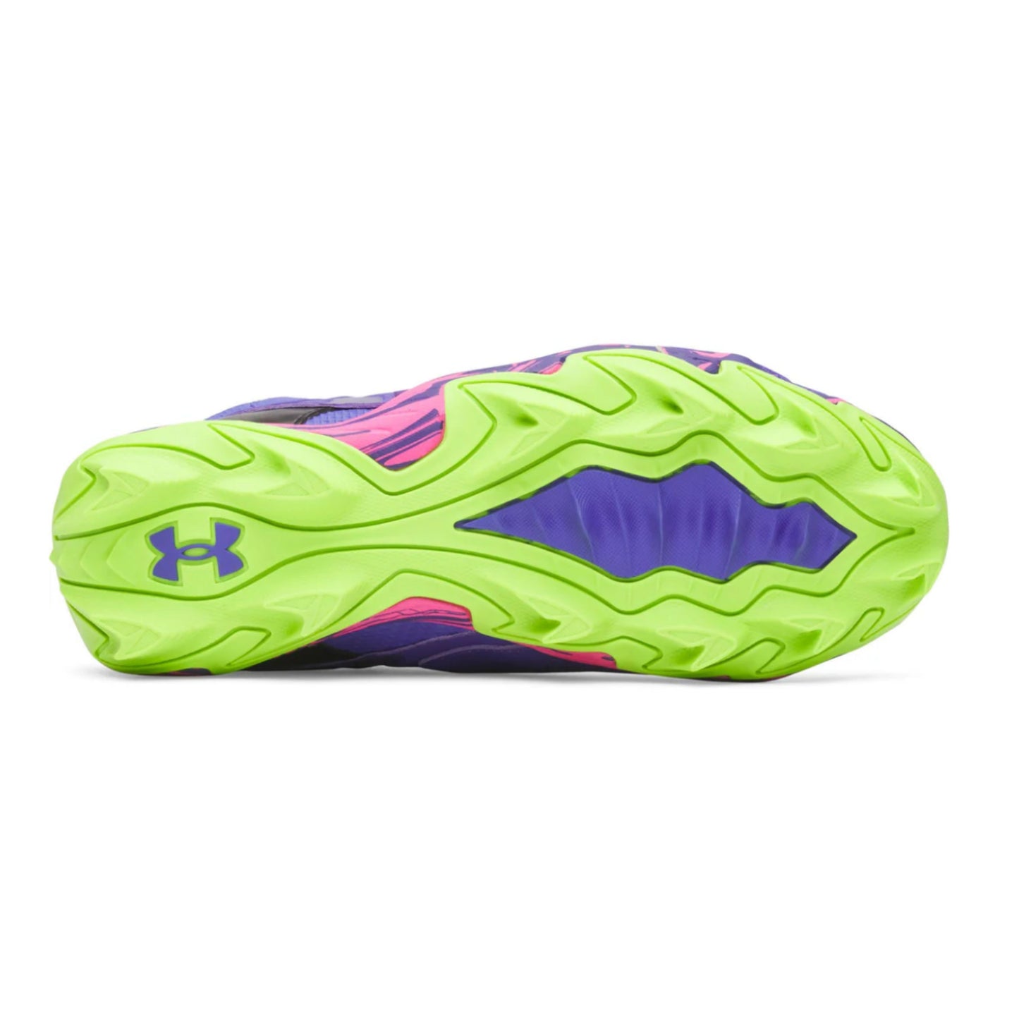 A photo of the Under Armour Harper 10 RM Jr. PE "Mad House" Boys' Baseball Cleats in colour purple, pink and green.