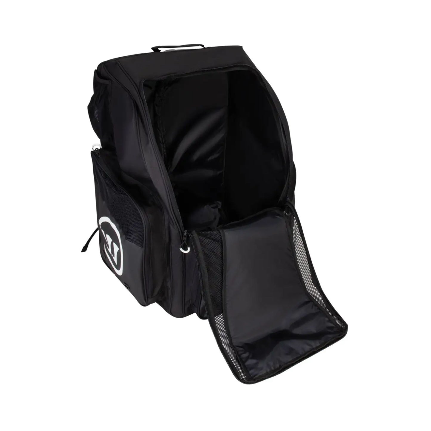A photo of the Warrior Senior A20 Hockey Roller Backpack in colour black with white Warrior logo.