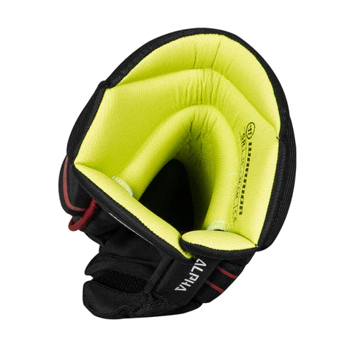 A photo of the Warrior Alpha EVO Senior Hockey Gloves in colour black. Inside view.