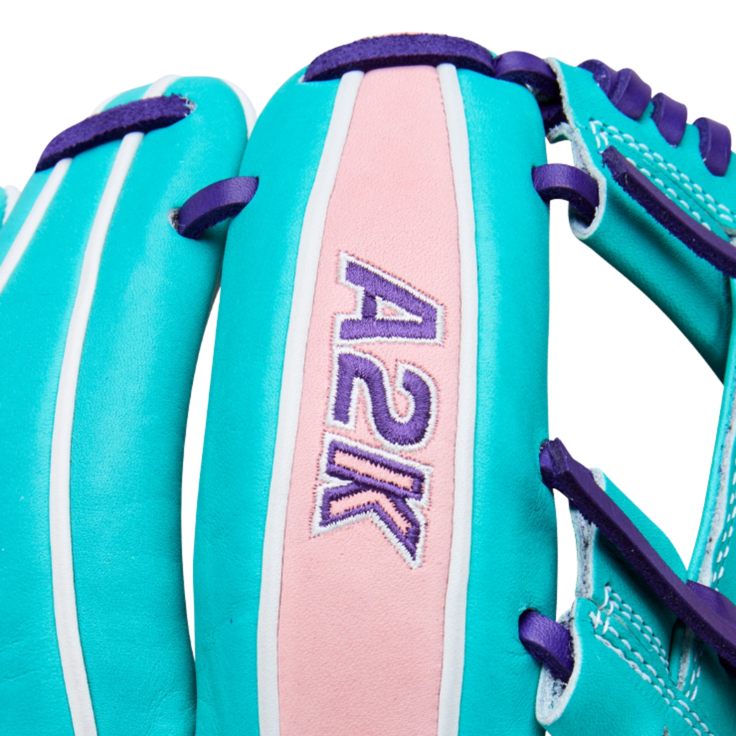 A photo of the Wilson Winter 2025 A2K 1786 11.5" Infield Baseball Glove in colour pink, sky blue, and purple.