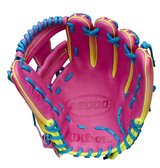 A photo of the Wilson Fall 2025 A2000 1786SS 11.5" Infield Baseball Glove in colour pink and yellow.