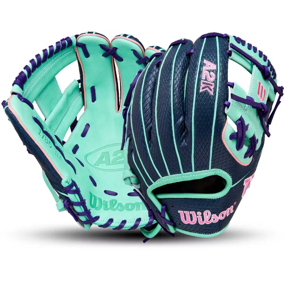 A photo of the Wilson Fall 2025 A2K 1786 SuperSkin Model 11.5" Infield Baseball Glove in colour blue and teal.