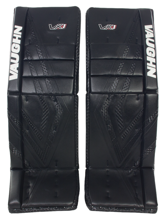 A photo of the Vaughn Velocity VX1 Pro Carbon Senior Goalie Pads in colour white. Black view.