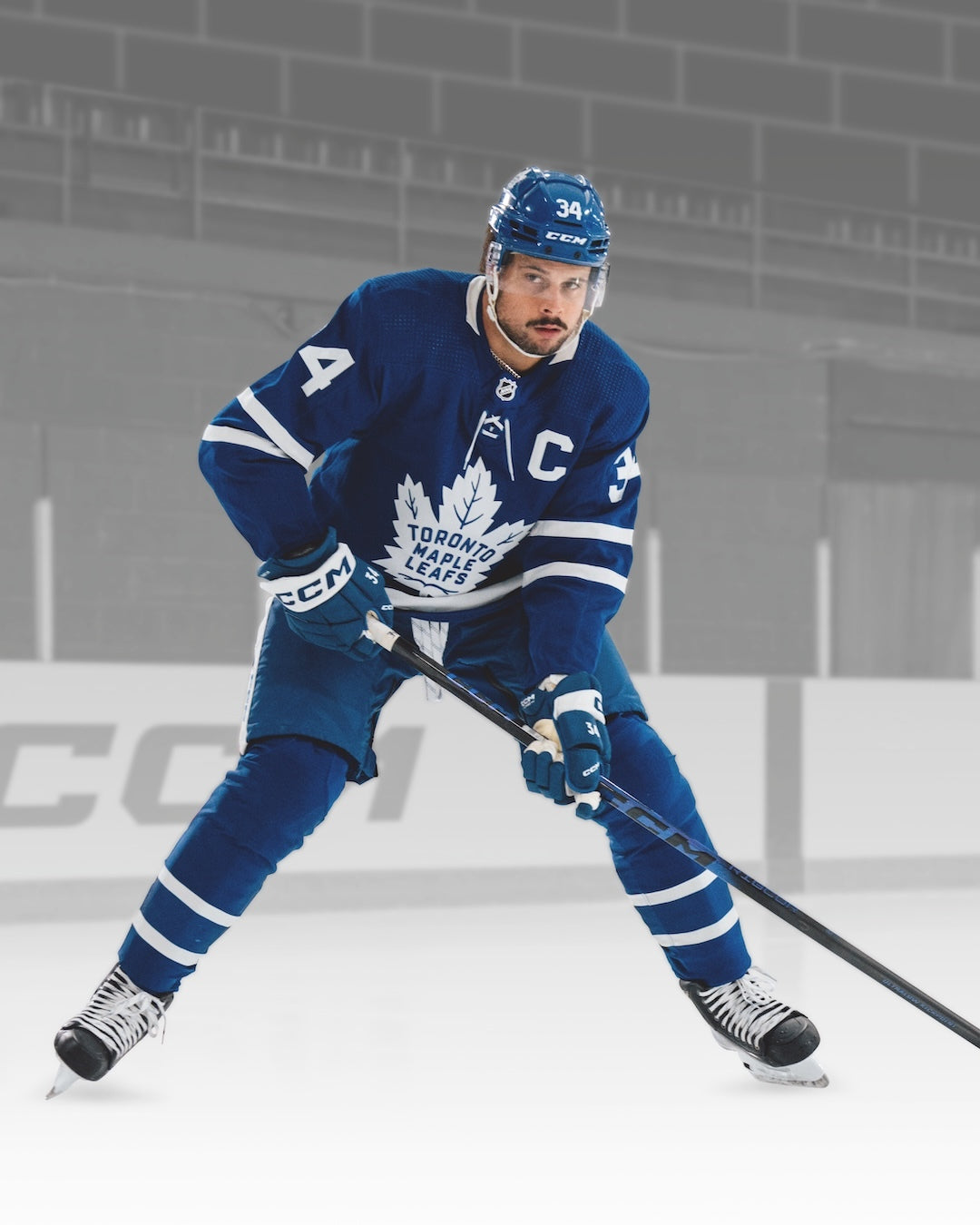 A photo of Auston Matthews holding the CCM Ribcor Trigger 10 Pro Hockey Stick