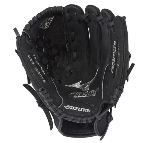 A picture of Mizuno Prospect Series Powerclose 10" Youth Baseball Glove. Palm of RHT glove in black.