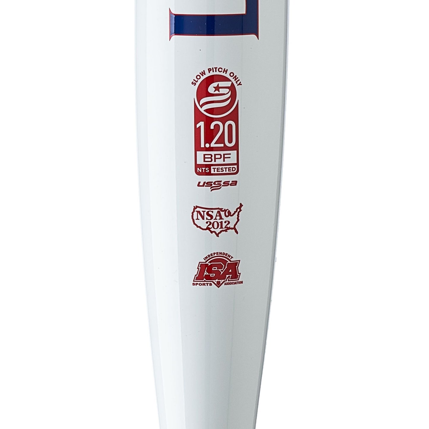 A photo of the Louisville Slugger 2024 Genesis 1 Piece End Load Slo-Pitch Bat - Source Exclusive in colour white with navy blue text picture of the bat specs