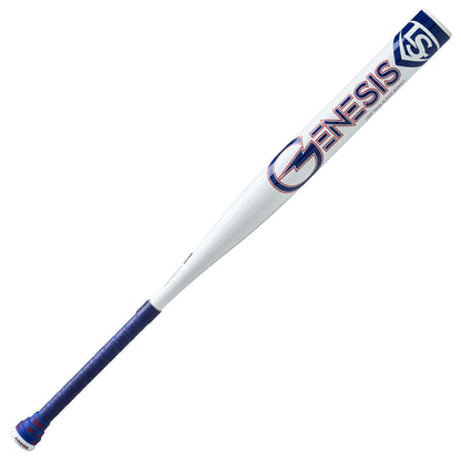 A photo of the Louisville Slugger 2024 Genesis 1 Piece End Load Slo-Pitch Bat - Source Exclusive in colour white with navy blue text 