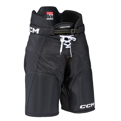 CCM Tacks Vector Hockey Pants in colour black, angled view.