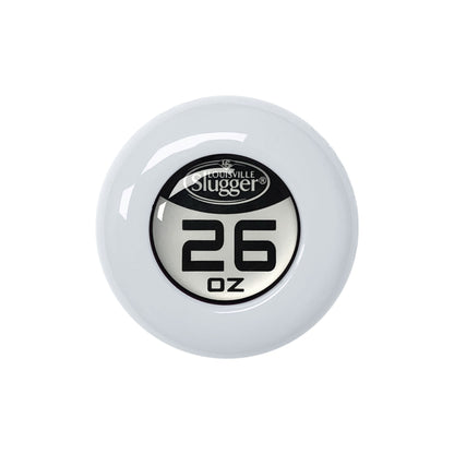 A photo of the Louisville Slugger 2024 Genesis 1 Piece End Load Slo-Pitch Bat - Source Exclusive in colour white with navy blue text endcap showing 26 oz weight.