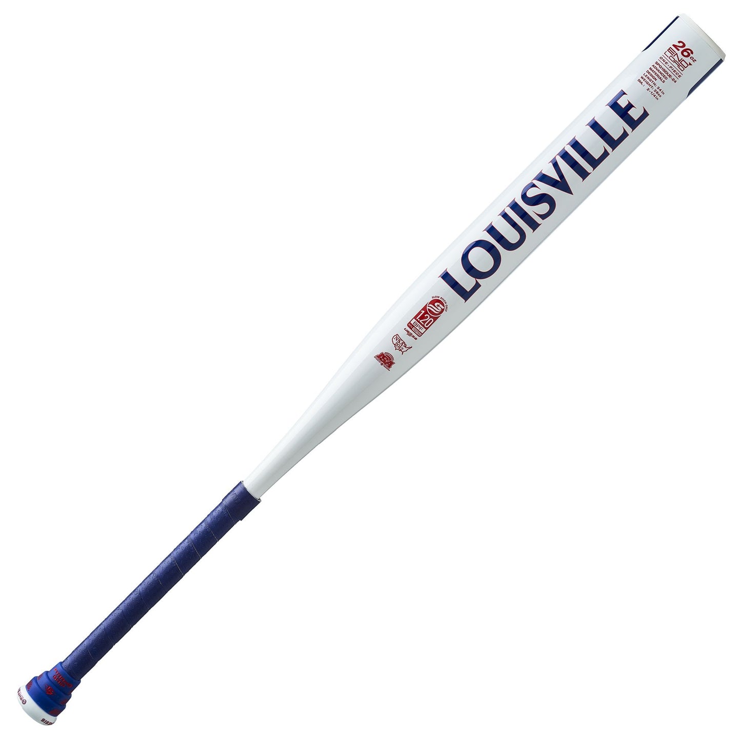 A photo of the Louisville Slugger 2024 Genesis 1 Piece End Load Slo-Pitch Bat - Source Exclusive in colour white with navy blue text LOUISVILLE writing