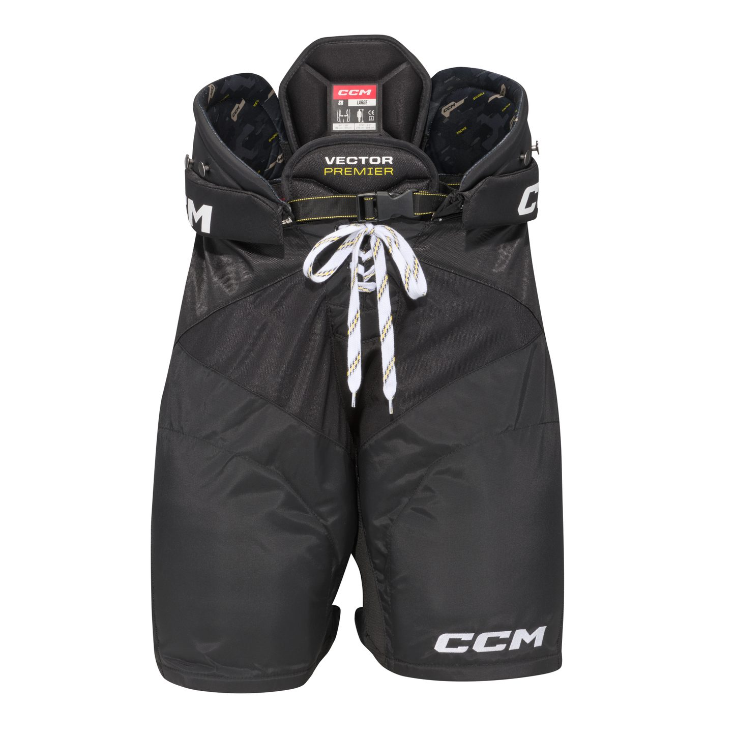 A photo of the CCM Tacks Vector Premier Hockey Pants in colour black, front view.