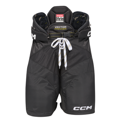 A photo of the CCM Tacks Vector Premier Hockey Pants in colour black, front view.