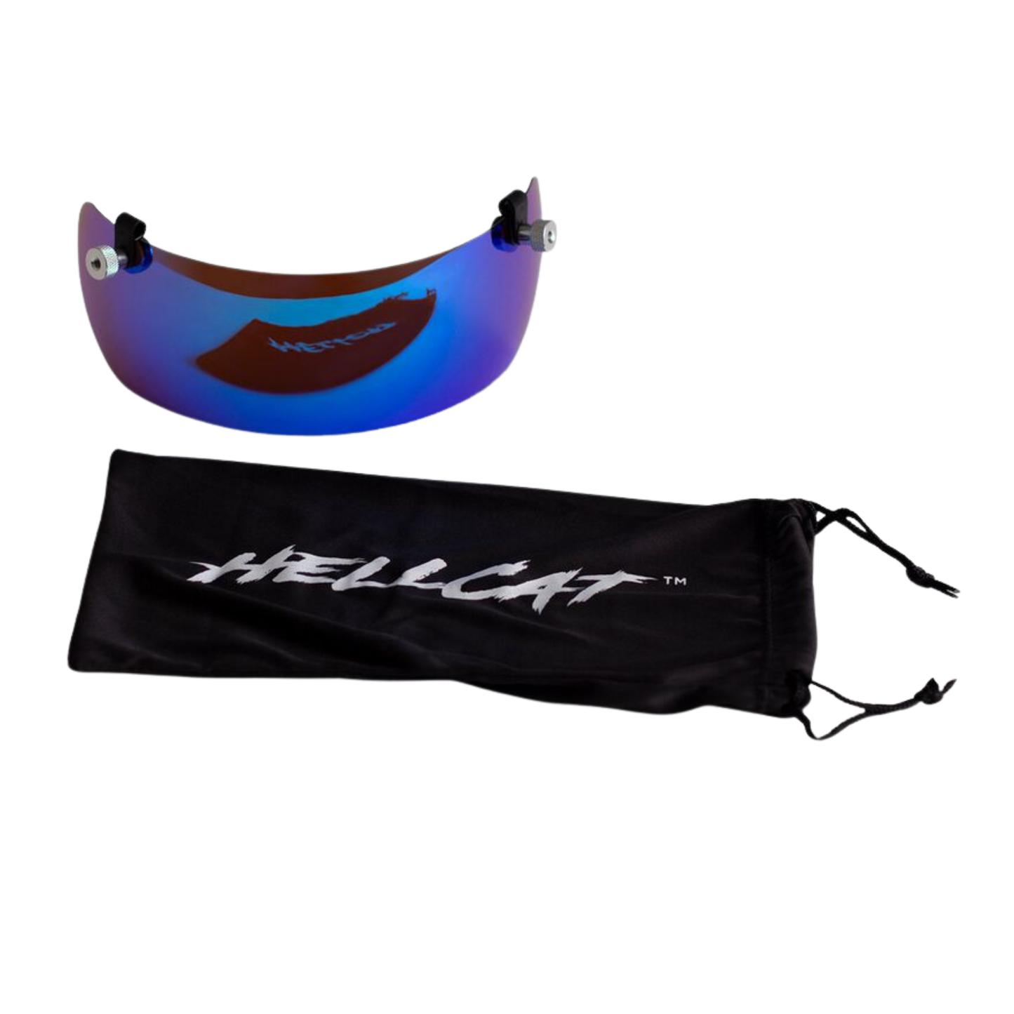 A photo of the 2025 Easton Hellcat Slo-pitch Helmet Visor in colour blue and purple tint, beside a black bag.