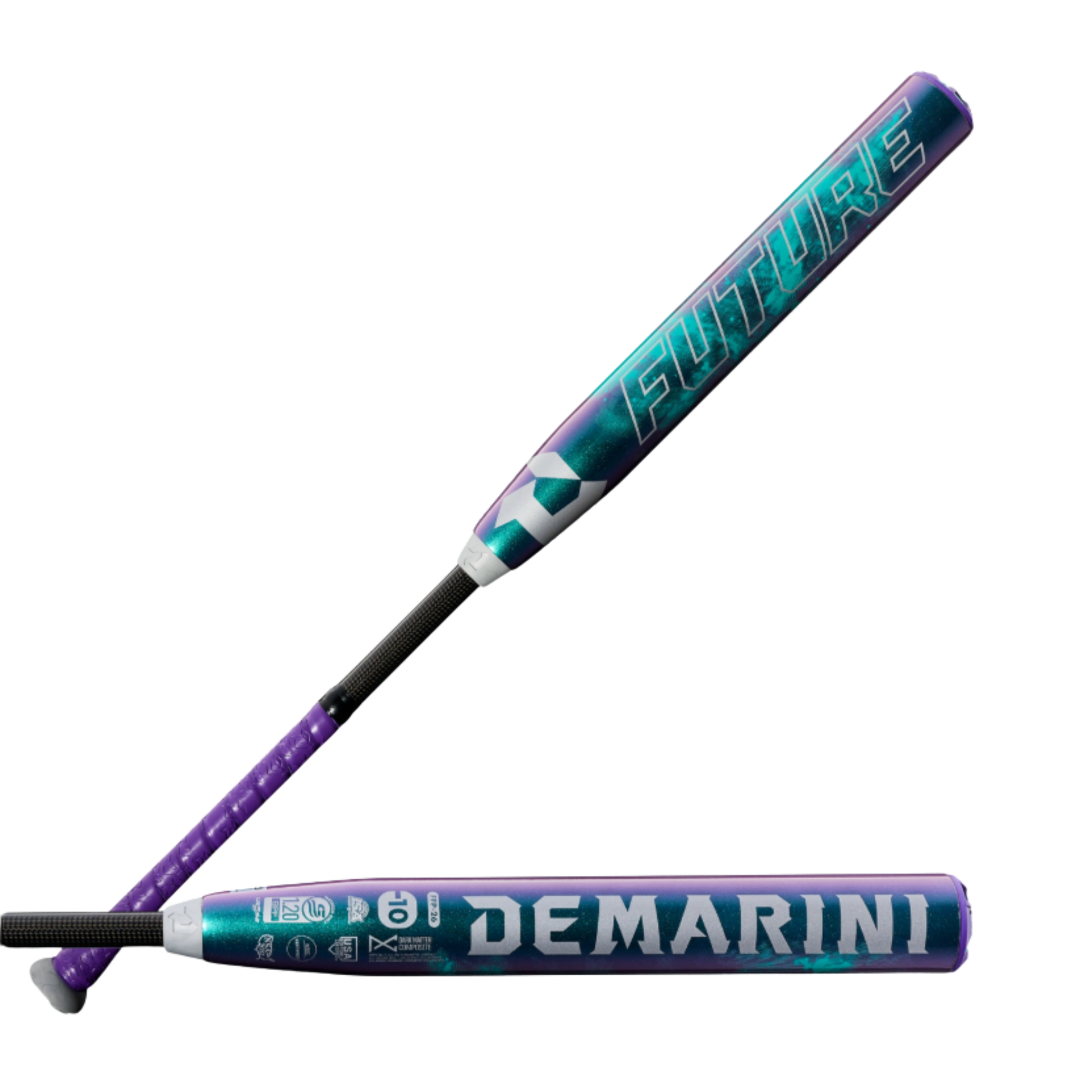 A photo of the 2026 DeMarini Future (-10) Fastpitch Softball Bat in colour black, purple and blue.