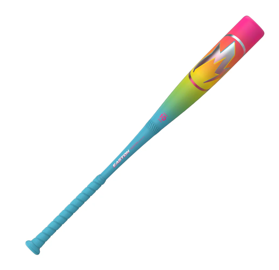 A photo of the 2026 Easton Hype Fire 2 3/4" Barrel (-10) Baseball Bat in colour red, yellow, and blue.