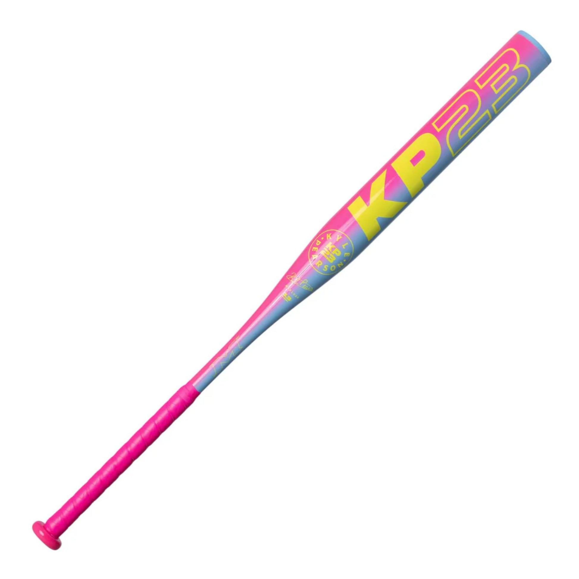 A photo of the 2026 Miken KP23 1-Piece Maxload 13" USSSA Slo-pitch Bat in colour pink, yellow and blue.