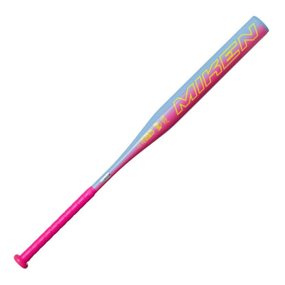 A photo of the 2026 Miken KP23 1-Piece Maxload 13" USSSA Slo-pitch Bat in colour pink, yellow and blue.