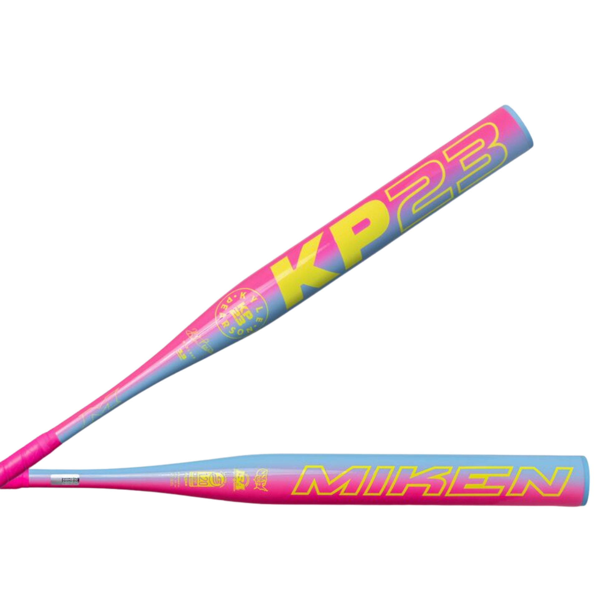 A photo of the 2026 Miken KP23 1-Piece Maxload 13" USSSA Slo-pitch Bat in colour pink, yellow and blue.