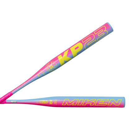 A photo of the 2026 Miken KP23 1-Piece Maxload 13" USSSA Slo-pitch Bat in colour pink, yellow and blue.