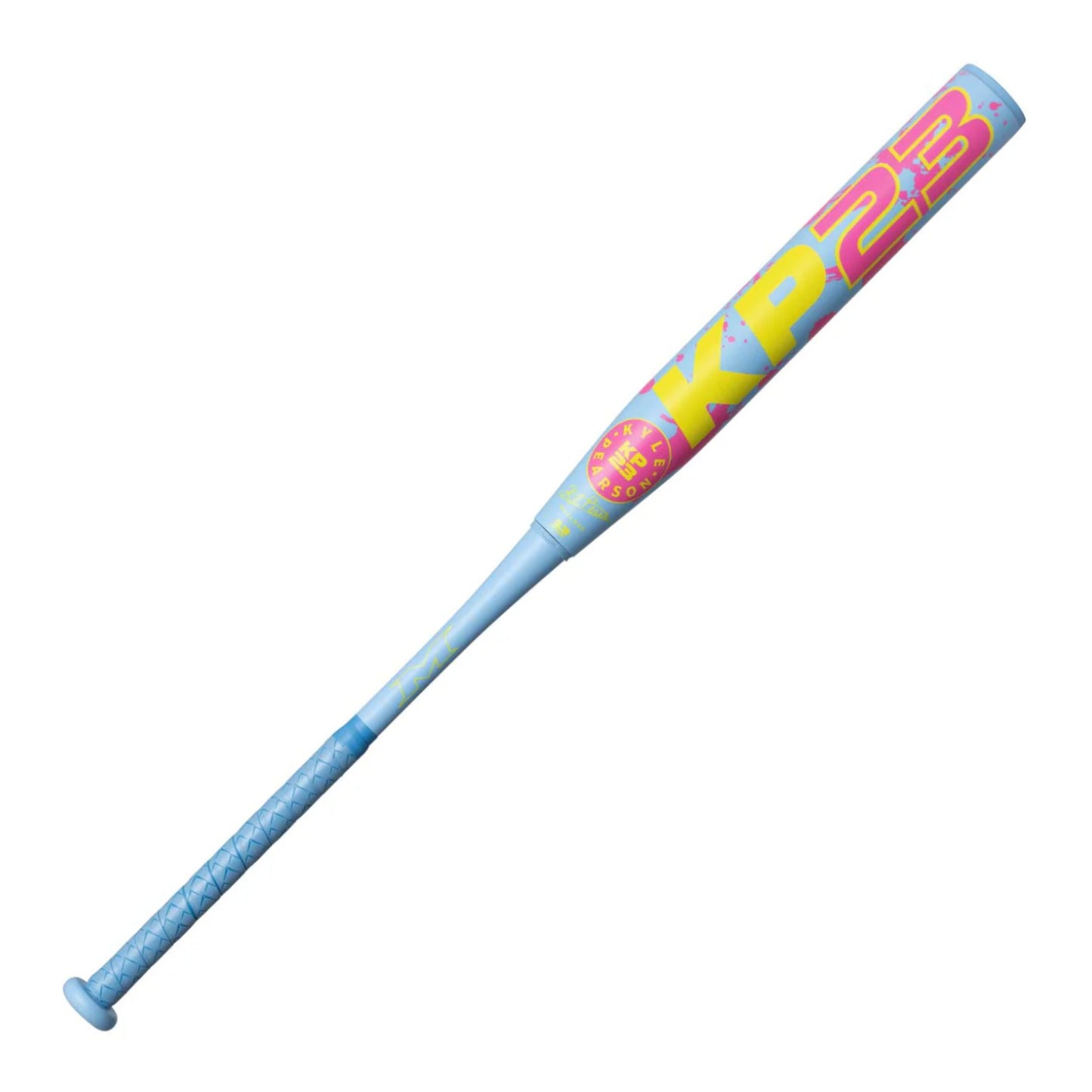 A photo of the 2026 Miken KP23 2-Piece Maxload 13" USSSA Slo-pitch Bat in colour blue, pink and yellow.