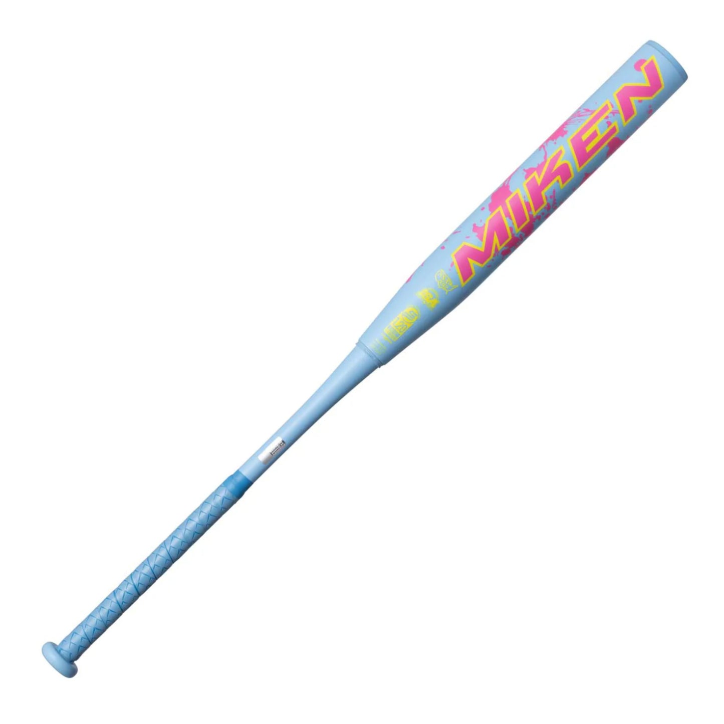 A photo of the 2026 Miken KP23 2-Piece Maxload 13" USSSA Slo-pitch Bat in colour blue, pink and yellow.