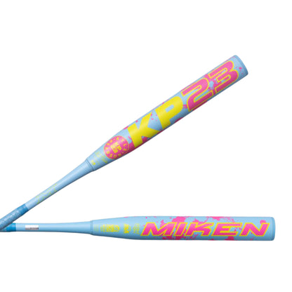 A photo of the 2026 Miken KP23 2-Piece Maxload 13" USSSA Slo-pitch Bat in colour blue, pink and yellow.