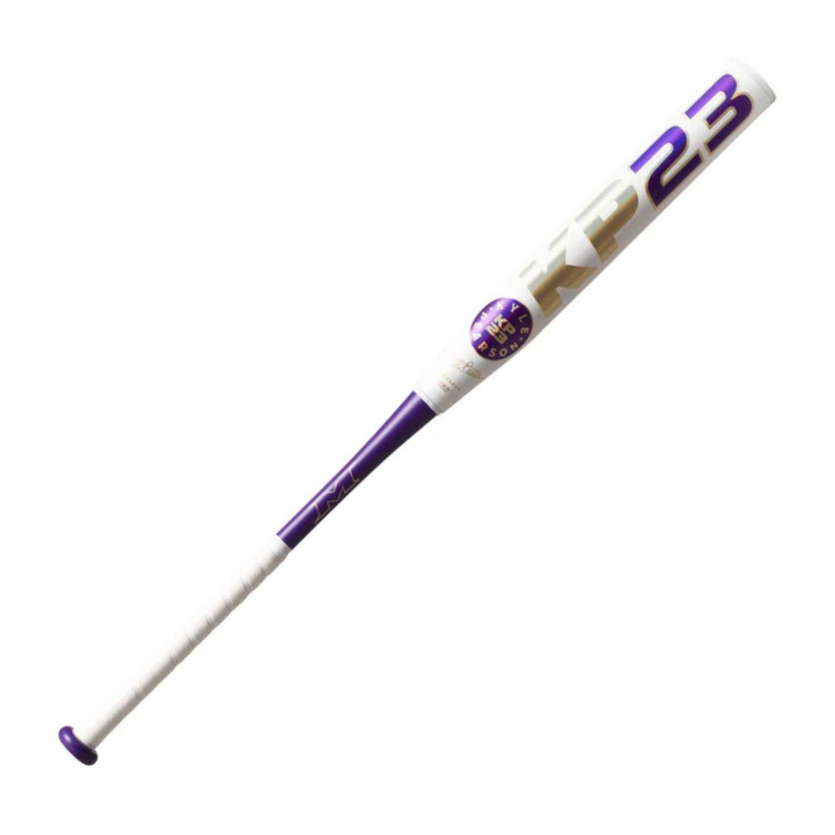 A photo of the 2026 Miken KP23 Kyle Pearson USSSA 12.5" 2-Piece Maxload Slo-pitch Bat in colour white and purple.
