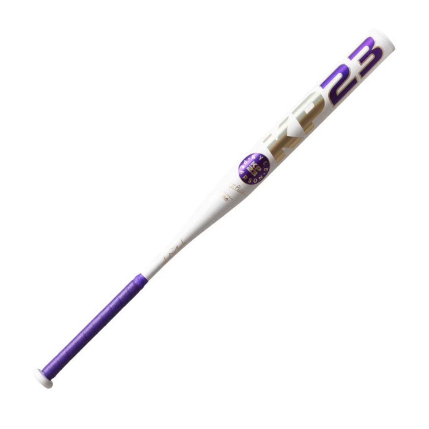 A photo of the 2026 Miken KP23 Kyle Pearson USSSA 14" 1-Piece Maxload Slo-pitch Bat in colour white and purple.