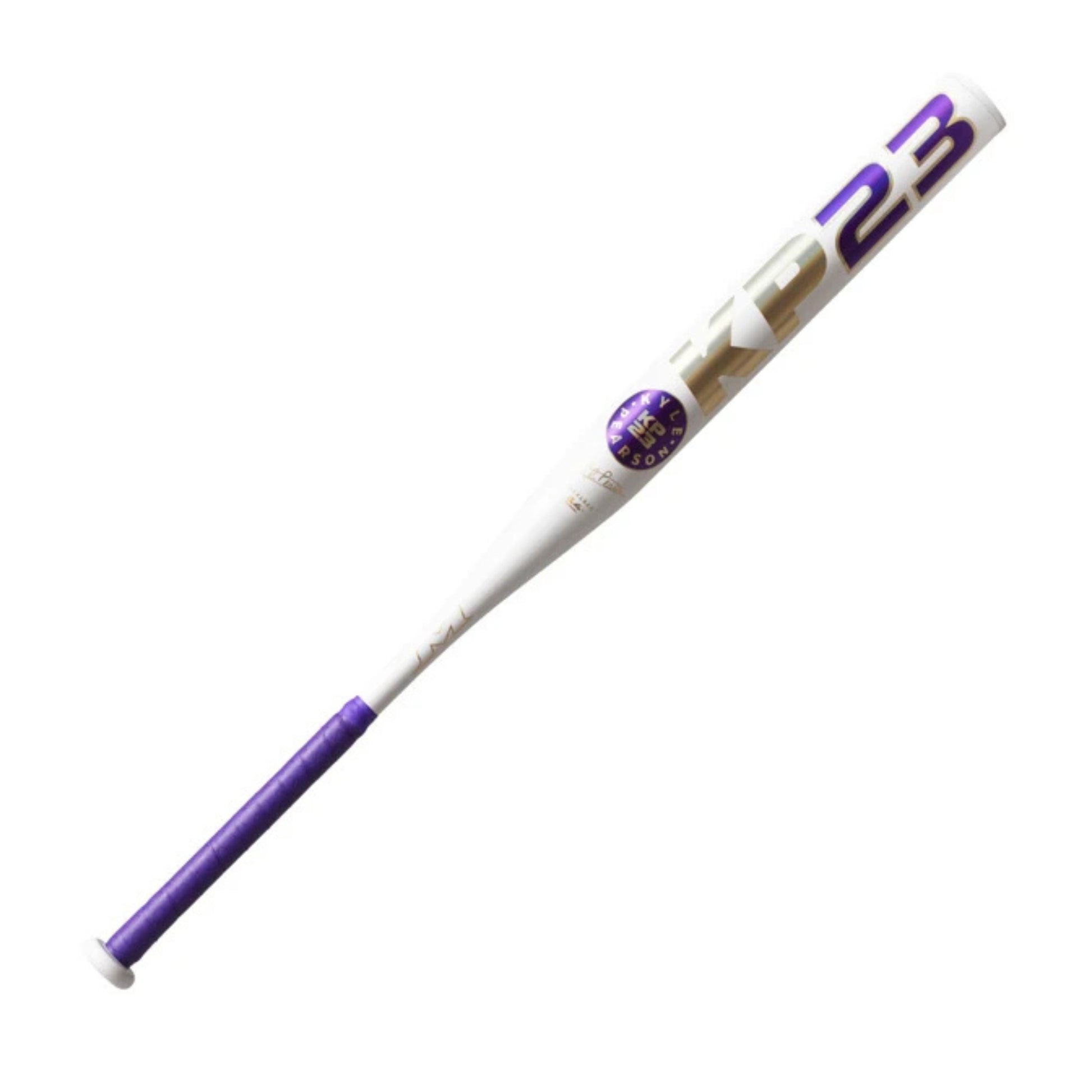 A photo of the 2026 Miken KP23 Kyle Pearson USSSA 14" 1-Piece Maxload Slo-pitch Bat in colour white and purple.