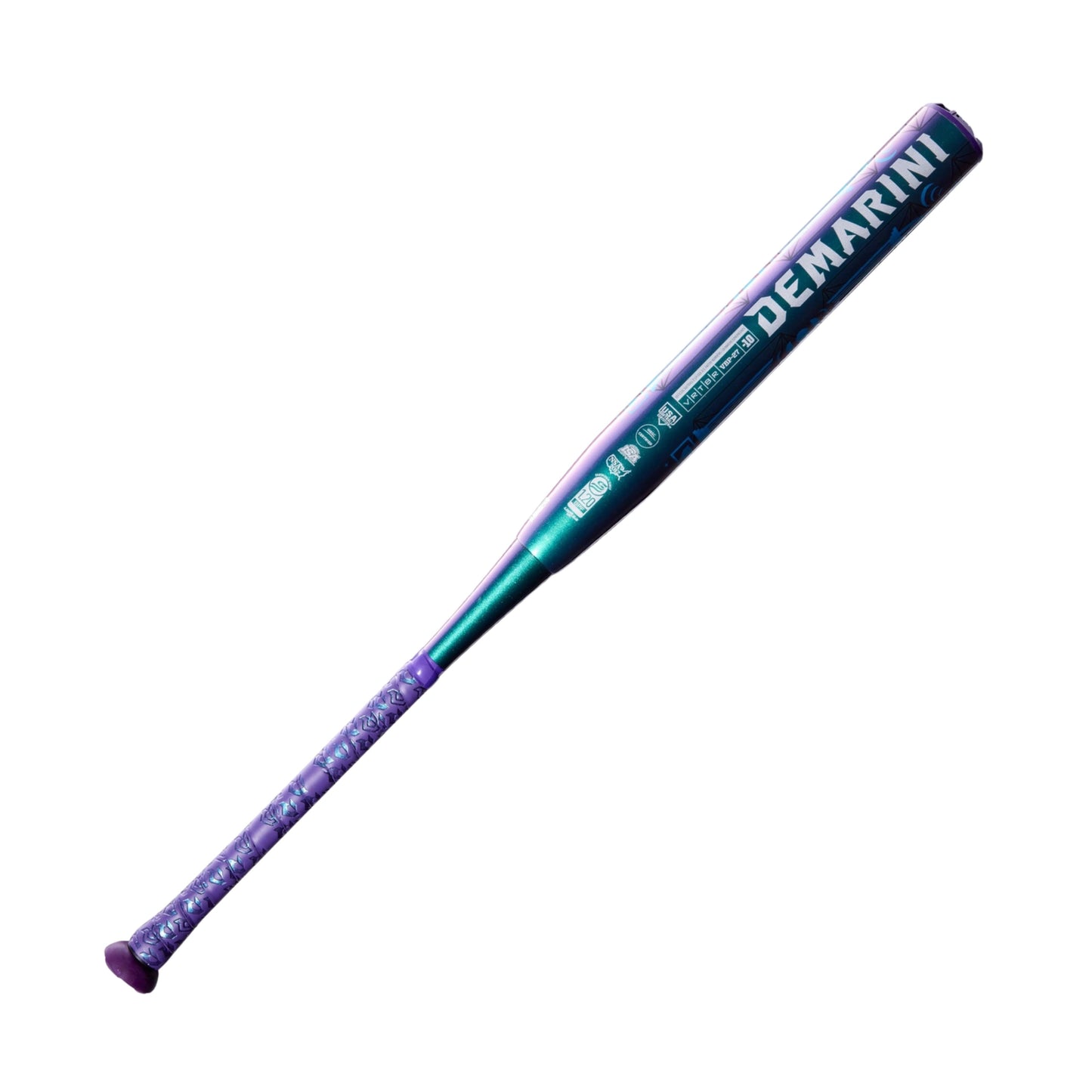 A photo of the 2027 DeMarini Vizion (-10) Fastpitch Bat in colour purple and blue.