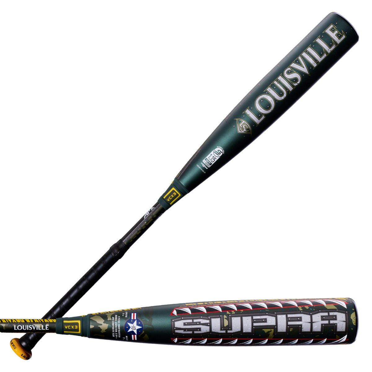 A photo of the 2027 Louisville Slugger Supra Tigershark USSSA Baseball Bat in colour green with white SUPRA logo and teeth.