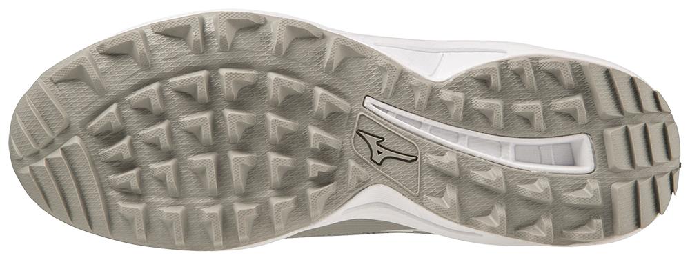 A photo of the Mizuno Ambition 3 FP Low All Surface Women's Turf Shoe in grey and white sole bottom view.