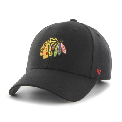 A photo of the 47 brand hat for the Chicago Blackhawks in colour black.